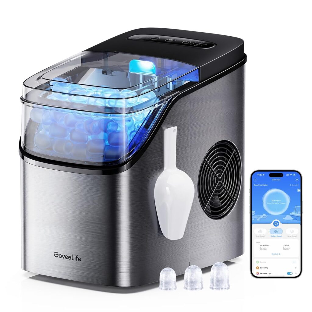 GoveeLife ice maker RGB basket glowing blue showing ice production status at night