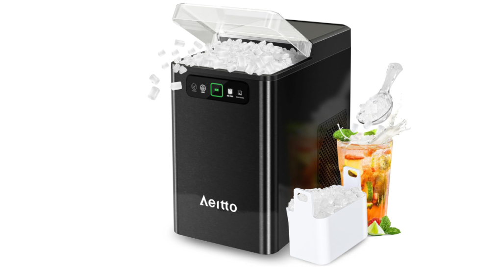 Aeitto Nugget Ice Maker compact black design with one-click self-cleaning and chewable pebble ice
