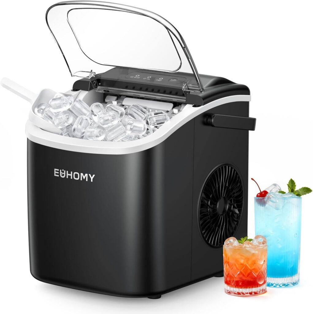 Portable EUHOMY countertop ice maker producing fast ice cubes, ideal for van life and off-grid travel setups