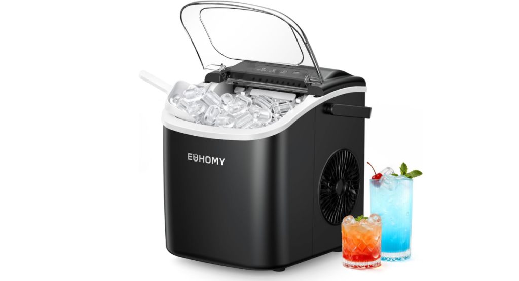 EUHOMY countertop ice maker for dorm room producing bullet ice on a small dorm desk