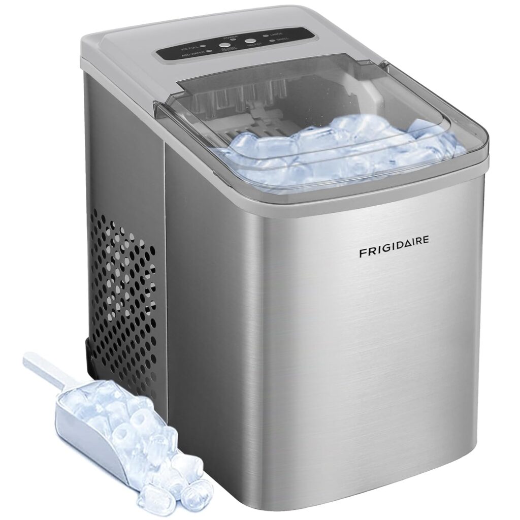 Frigidaire stainless steel portable ice maker with large water tank, durable design for long-term van life use