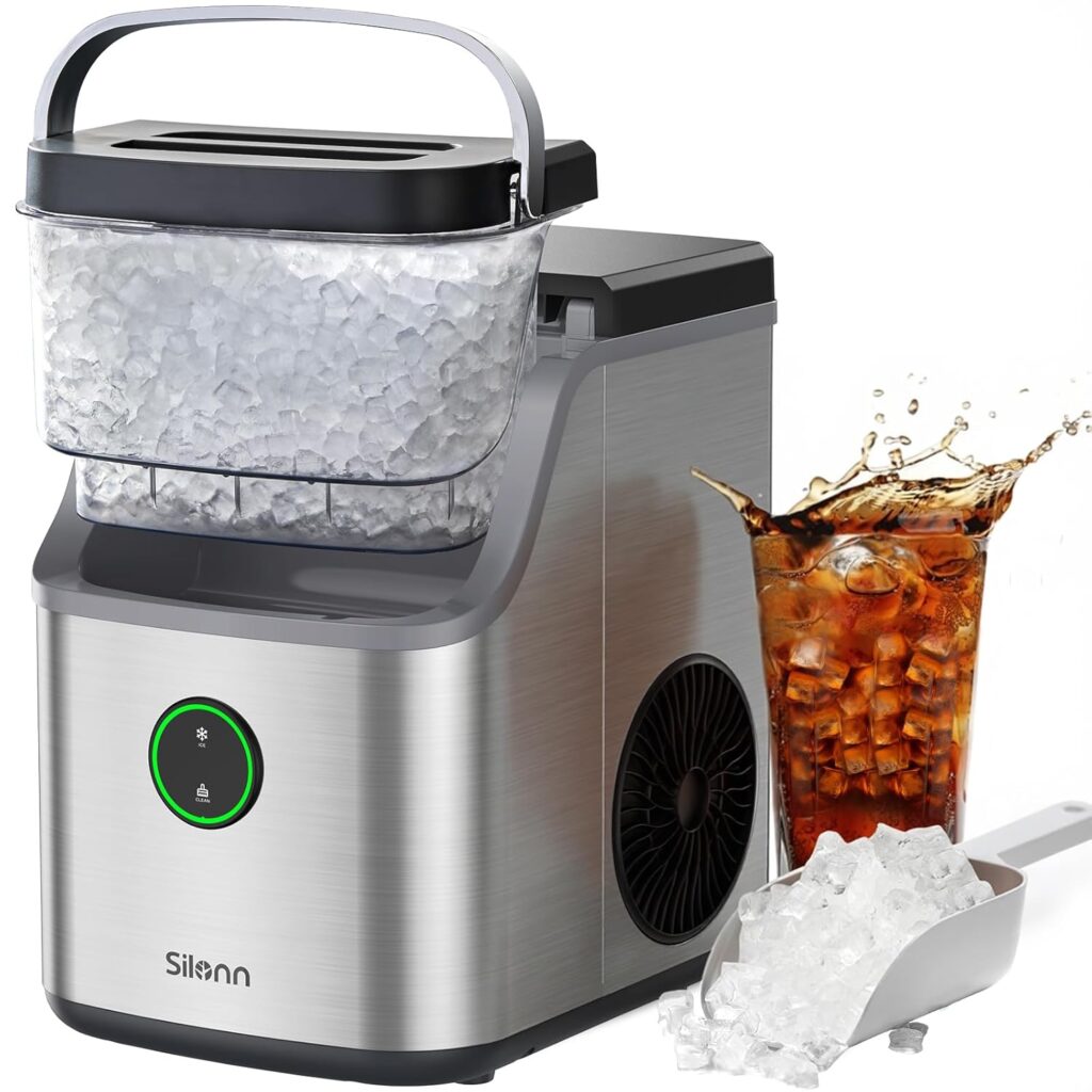 Silonn nugget ice maker producing soft chewable ice, perfect for smoothies, iced drinks, and van life lifestyle