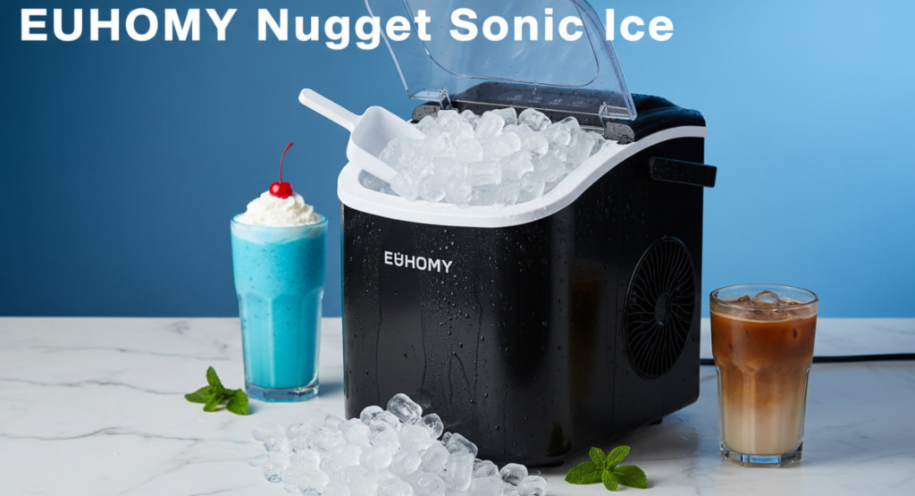 EUHOMY ice maker producing bullet ice cubes in 6 minutes