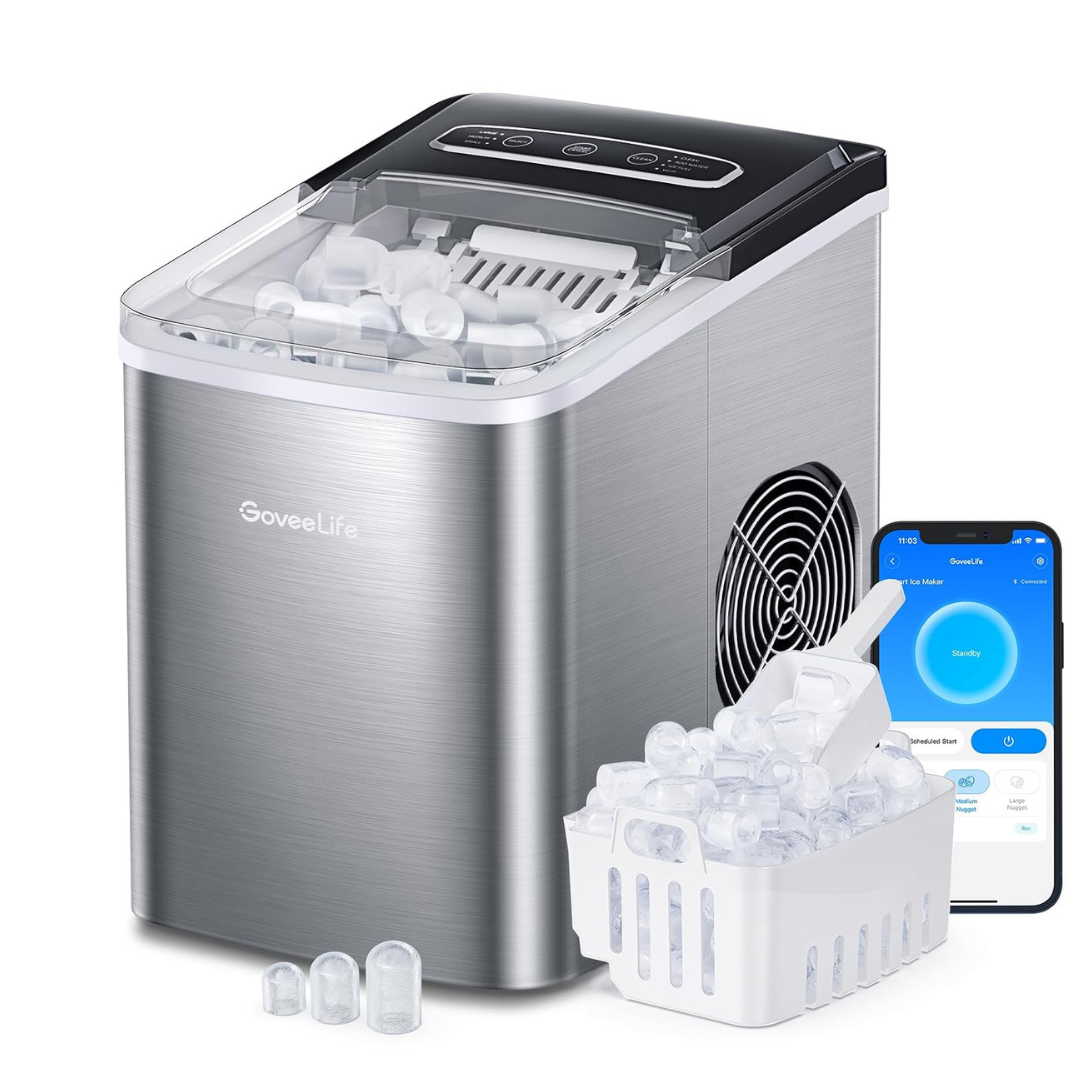 GoveeLife Smart Countertop Ice Makers, Portable Ice Maker Machine with Self-Cleaning, 6 Mins 9 Bullet Ice, 26lbs/24Hrs, Voice Remote for Home Kitchen Party Camping, with Ice Scoop Stainless Silver 