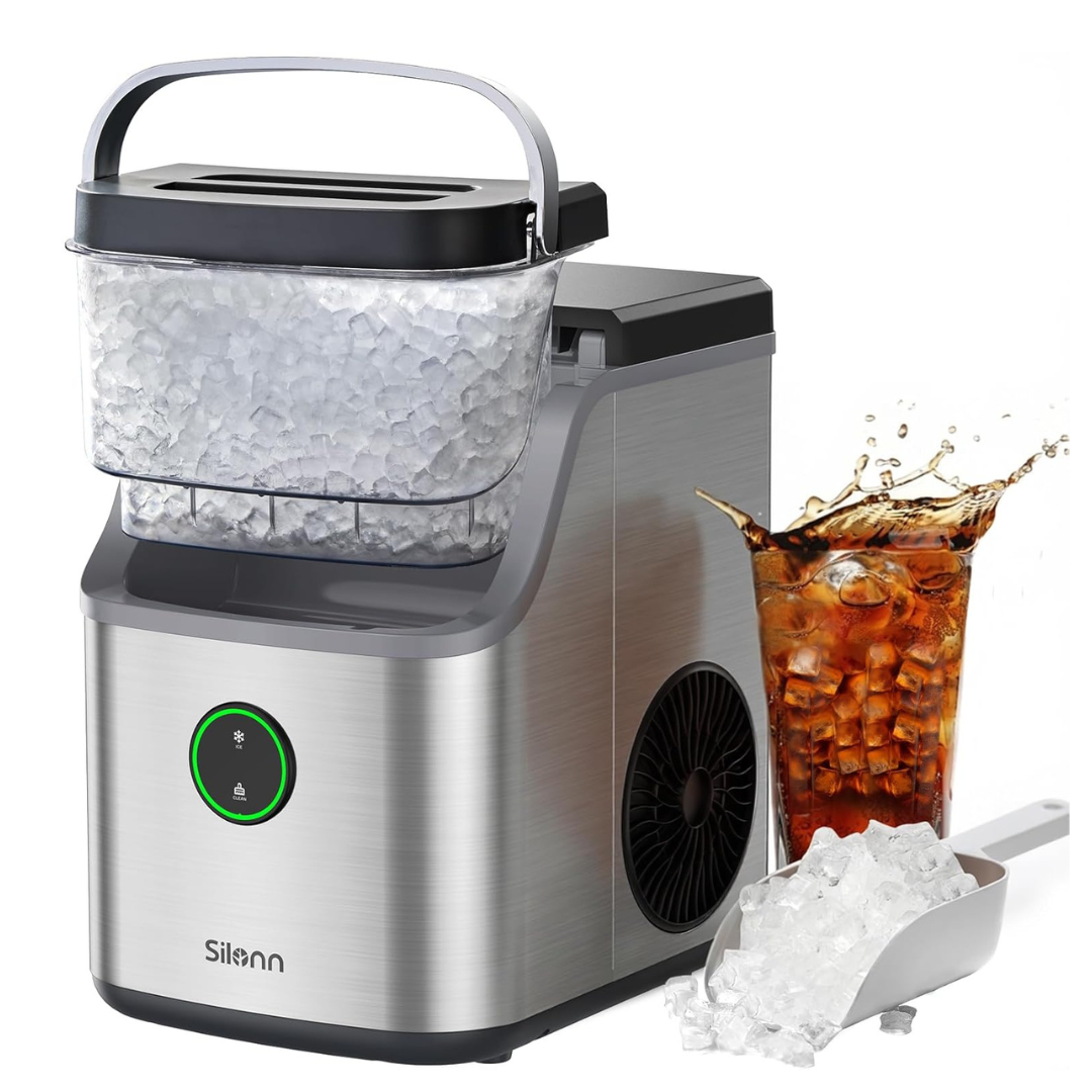 Silonn Nugget Ice Maker Countertop with Detachable Basket and Handle | Soft chewable nugget ice, 6-minute ice making, 33 lbs/24H, 40dB quiet operation, self-cleaning, compact countertop size