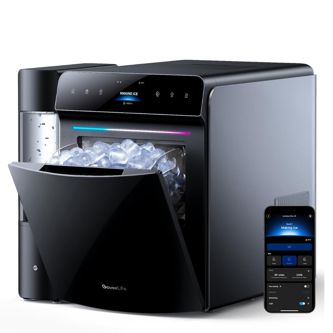 GoveeLife Smart Countertop Ice Maker 2 Pro, 3 Mins 9 Ice Cubes with 3 Sizes | 47lbs Daily, 40dB Quiet, Smart Pre-Cooling, App & Voice Control, Self-Clean, Dual Water Tanks for Home, Coffee, Party, Office

