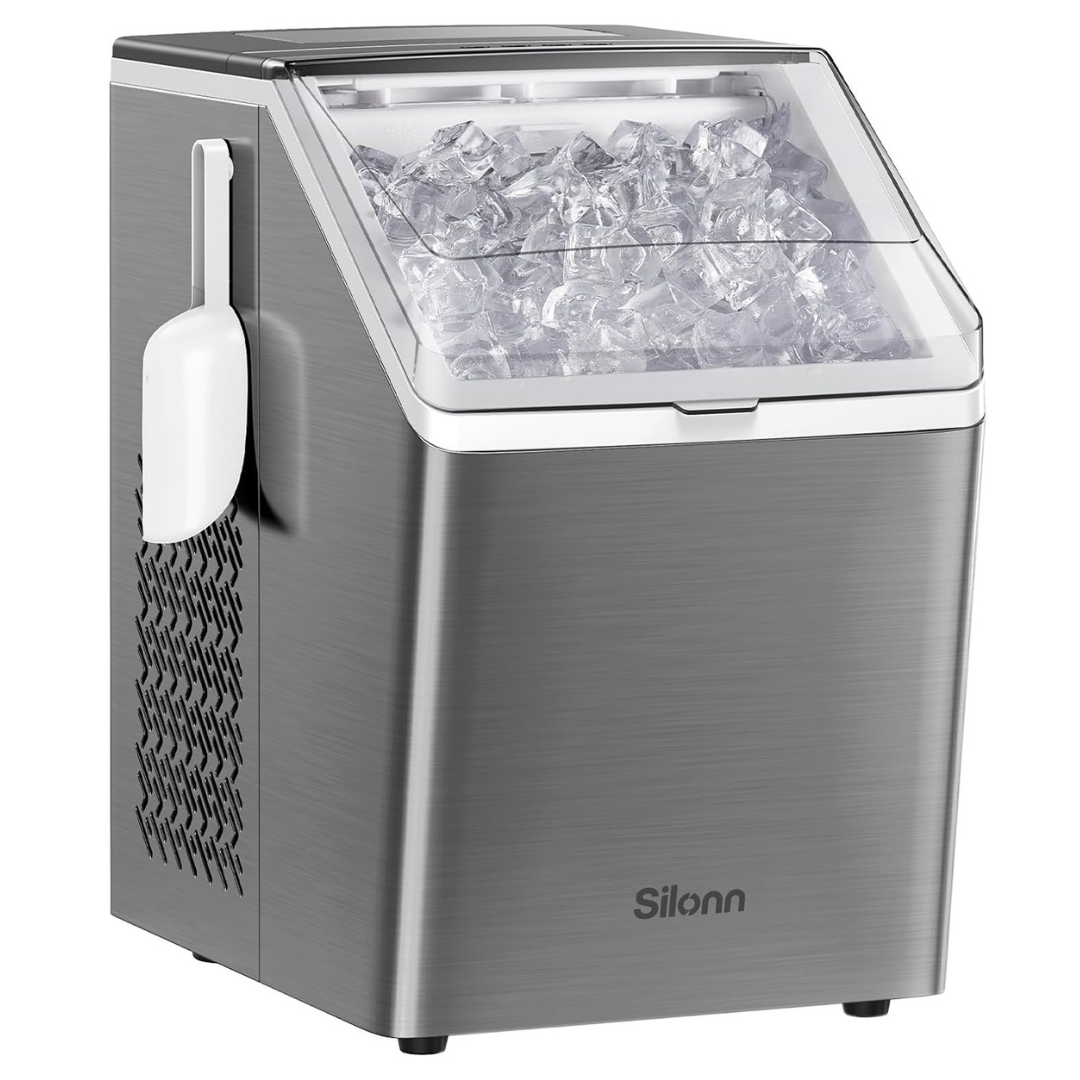 Silonn Ice Makers Countertop, 44lbs Per Day, 2 Ways to Add Water, Auto Self-Cleaning, Stainless Steel Ice Machine for Home Office Bar Party