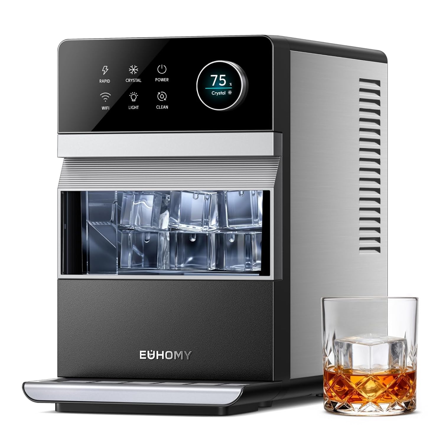 EUHOMY 2'' Clear Ice Cube Maker Countertop with APP, 2 Square Ice Ready in 27 Mins for Whiskey, Slow-Melting