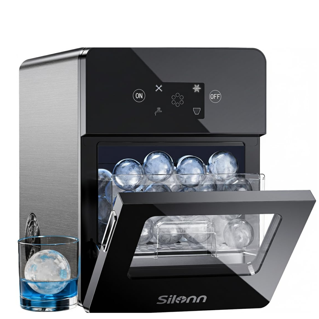 . Silonn 2.4″ Sphere Ice Maker, Clear Ice Ball Maker with Slow-Melting, 3 pcs in 40 Mins, 100 pcs/Day, Crystal Sphere & Rapid Sphere Technology, Self-Cleaning Ice Maker Countertop Ideal for Whiskey