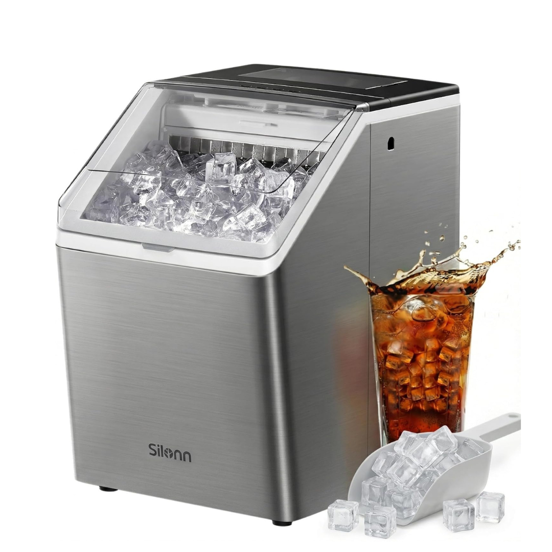 .Silonn Stainless Steel Countertop Ice Maker, 44Lbs/Day High Efficiency, 2 Ways to Add Water, One-Click Auto Self-Cleaning, Portable Ice Machine Ideal for Home, Office, Bar & Party