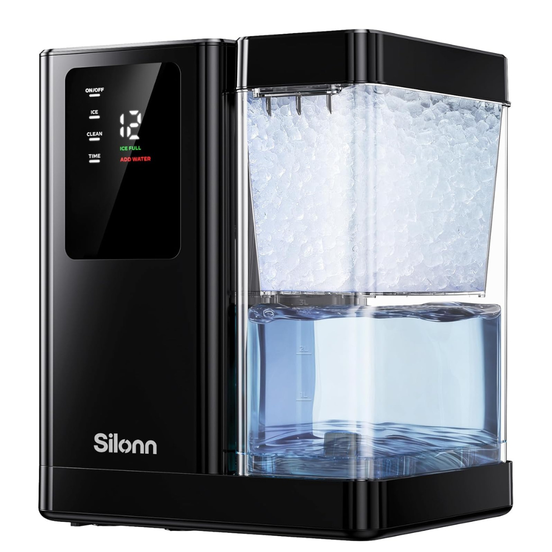 Silonn Nugget Ice Maker Countertop with 3L Detachable Tank, 44 lbs/Day Self‑Cleaning with Timer, Chewable Nugget Ice Machine for Home Bar Party Office, Summer Cold Drinks, Black