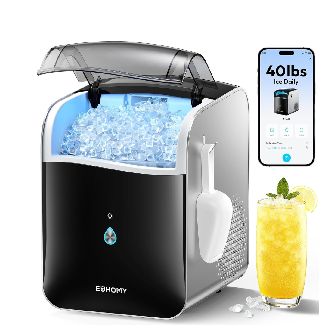 EUHOMY Smart Nugget Ice Maker Countertop, Pebble Ice Maker Machine with APP/Alexa Control, 40lbs/24H, Ready in 7 Mins, Self-Cleaning, Portable Sonic Ice Makers with Hanging Ice Scoop for Home/Office