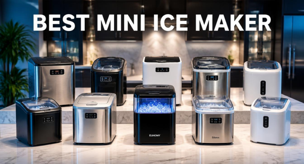 Top 10 best mini ice maker models for home use on a marble kitchen countertop