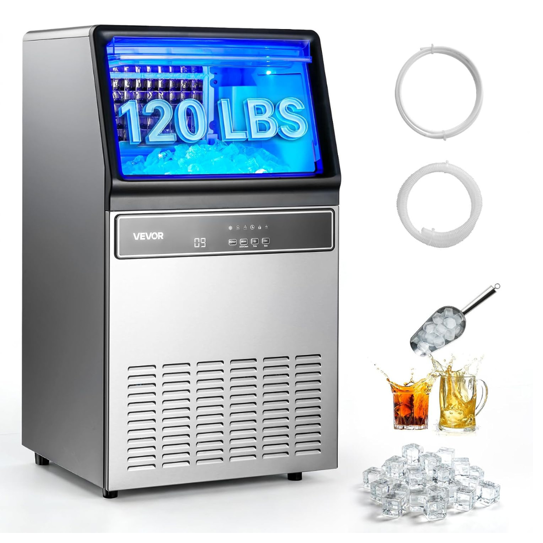 VEVOR Commercial Ice Maker Machine, 120 lbs24H Ice Production, 19-33 lbs Storage Bin, 45 Cubes per Cycle, Stainless Steel Under Counter & Freestanding Ice Maker with LED Display, Self-Cleaning